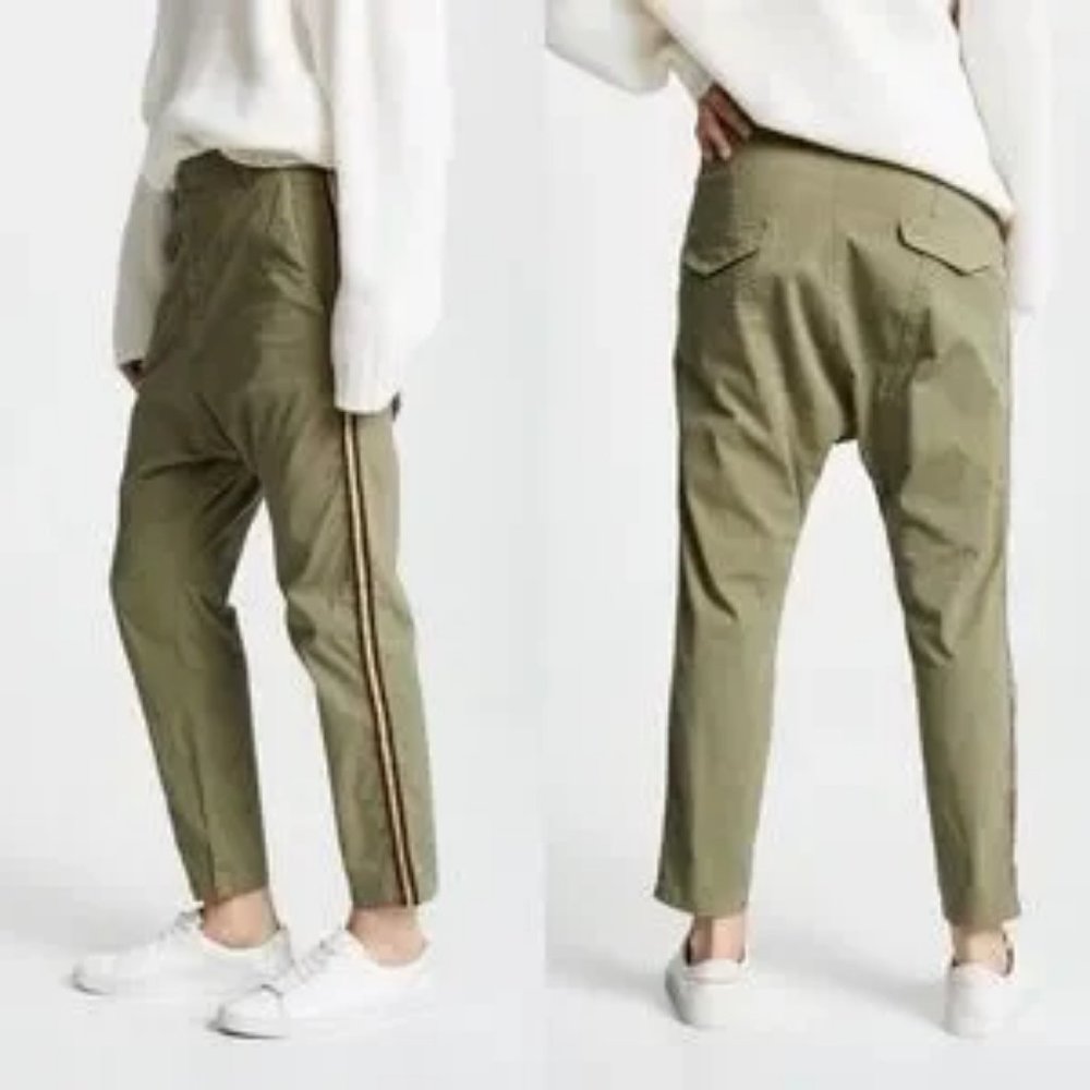 *Womens Nili Lotan Olive Green Tape Trim Drop Crotch Flat Front Paris Pants 2